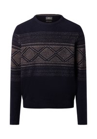 Marineblauer Strickpullover mit beigen geometrischen Rautenmuster und Streifen über der Brust und den oberen Ärmeln, Rundhalsausschnitt, lange Ärmel.