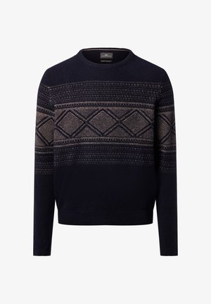 Granatowy sweter z dzianiny z beżowym geometrycznym wzorem w romby i paski na klatce piersiowej oraz górnych rękawach, okrągły dekolt, długie rękawy.