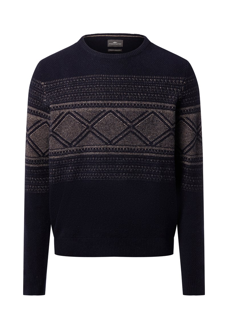 Marineblauer Strickpullover mit beigen geometrischen Rautenmuster und Streifen über der Brust und den oberen Ärmeln, Rundhalsausschnitt, lange Ärmel.