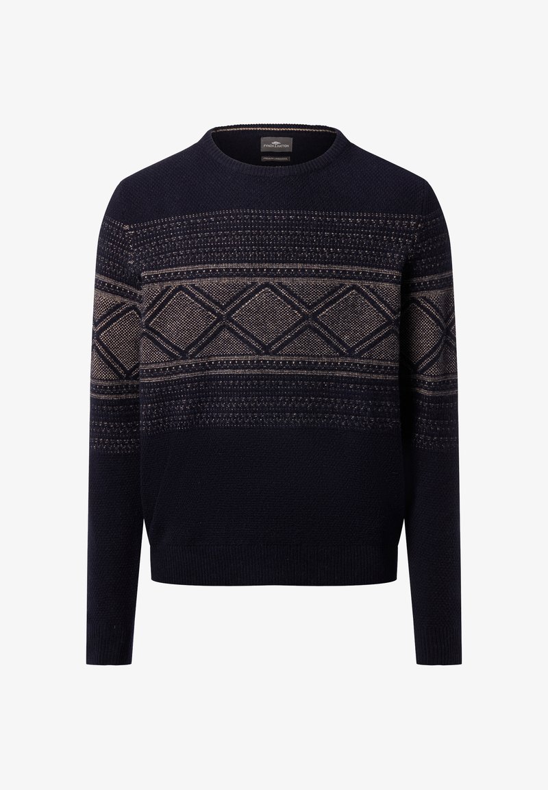 Marineblauer Strickpullover mit beigen geometrischen Rautenmuster und Streifen über der Brust und den oberen Ärmeln, Rundhalsausschnitt, lange Ärmel.