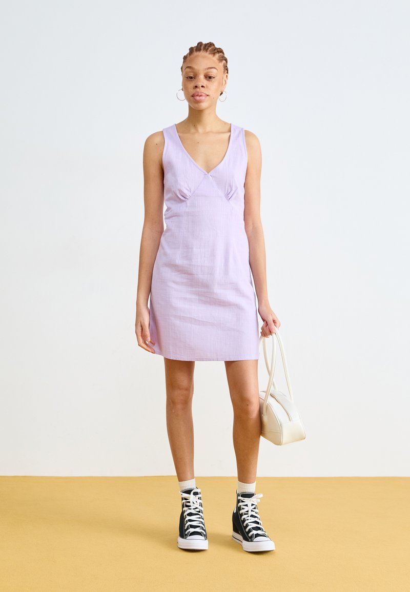 Abito da donna estivo, senza maniche, casual, con stampa, elegante, per feste, swing, senza maniche, da donna, Lilla, L