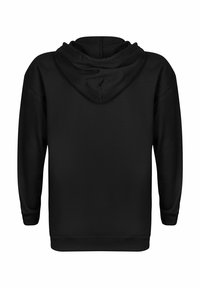 Zwarte hoodie van zacht materiaal, met een grote capuchon, lange mouwen en geribbelde boorden en onderzoom. Minimalistisch ontwerp zonder zichtbare logo's.