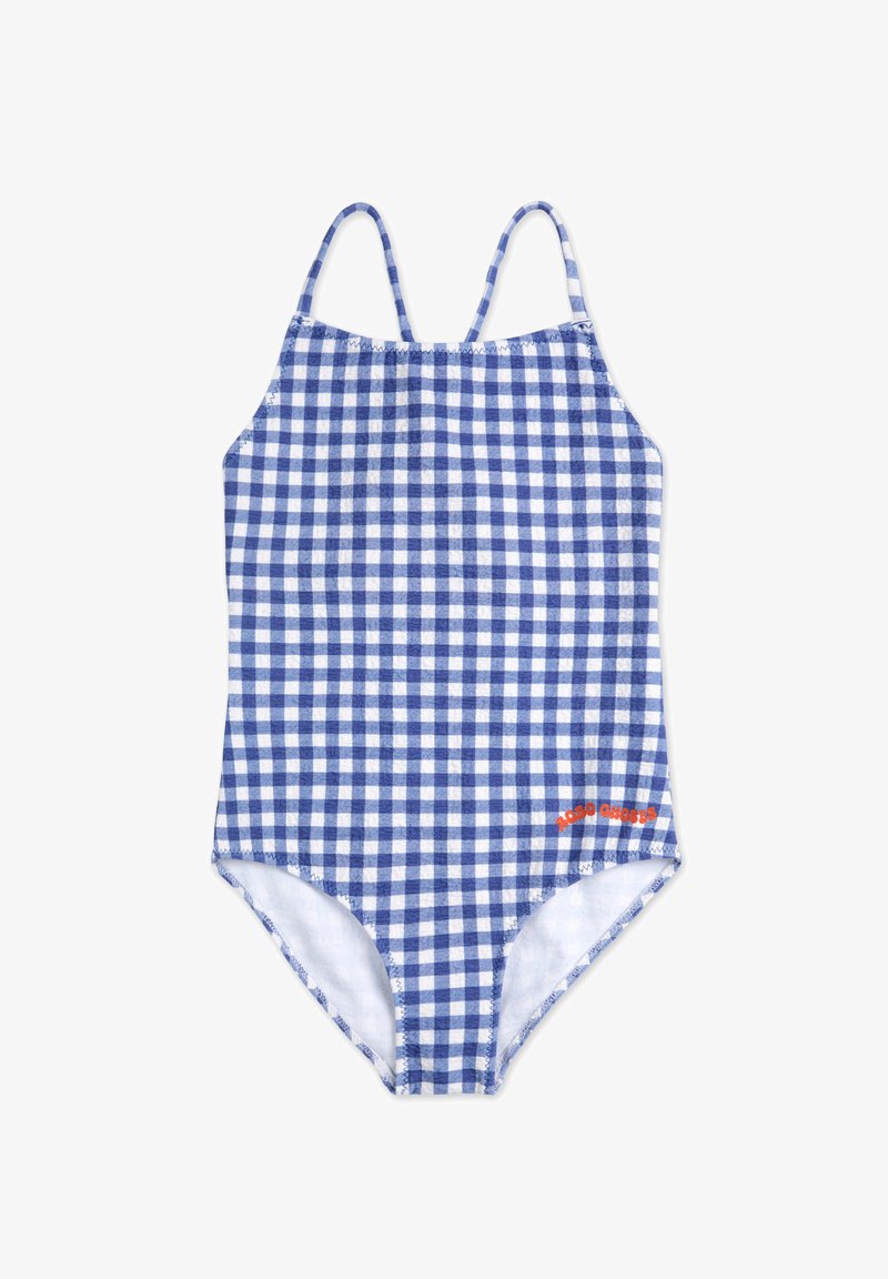 Blaue und weiße Gingham-Einteiler-Badeanzug mit dünnen Trägern, einem runden Ausschnitt und orangefarbigem Text an der unteren Seite, aus weichem Stoff.