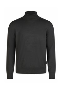 Schwarzer Rollkragenpullover aus glattem Strickstoff, mit langen Ärmeln, gerippten Bündchen und einem enganliegenden Kragen.