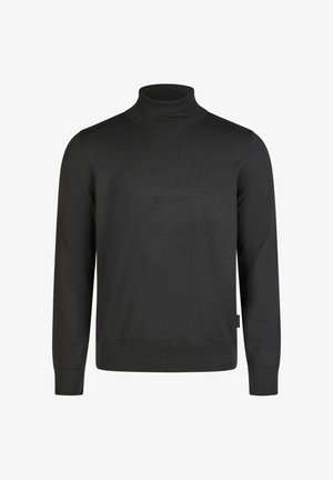 Zwarte coltrui van glad breiwerk, met lange mouwen, ribgebreide manchetten en een aansluitende kraag.