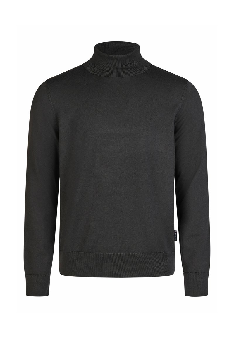 Schwarzer Rollkragenpullover aus glattem Strickstoff, mit langen Ärmeln, gerippten Bündchen und einem enganliegenden Kragen.