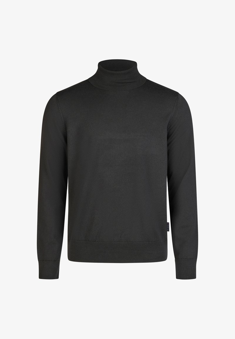 Maglione a collo alto nero realizzato in morbido tessuto a maglia, caratterizzato da maniche lunghe, polsini a coste e un colletto aderente.