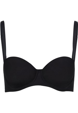 Černá podprsenka s kosticemi, hladkými polstrovanými košíčky, nastavitelnými ramínky a bezšvovým designem. Vyrobená z měkké látky pro pohodlí.