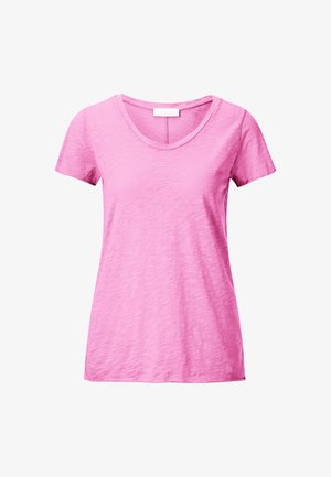 Pink short-sleeve T-shirt with a round neck, featuring a textured, lightweight fabric with subtle variations in color.