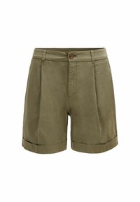 Pantaloni corti verde oliva realizzati in tessuto liscio, con chiusura frontale a bottone, pieghe e orli arrotolati. Design classico con tasche laterali.