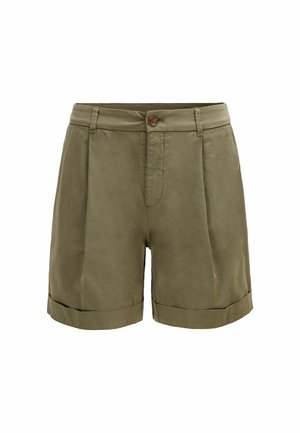 Bermudas color verde oliva hechas de tejido suave, con cierre delantero de botón, pliegues y dobladillos enrollados. Diseño clásico con bolsillos laterales.