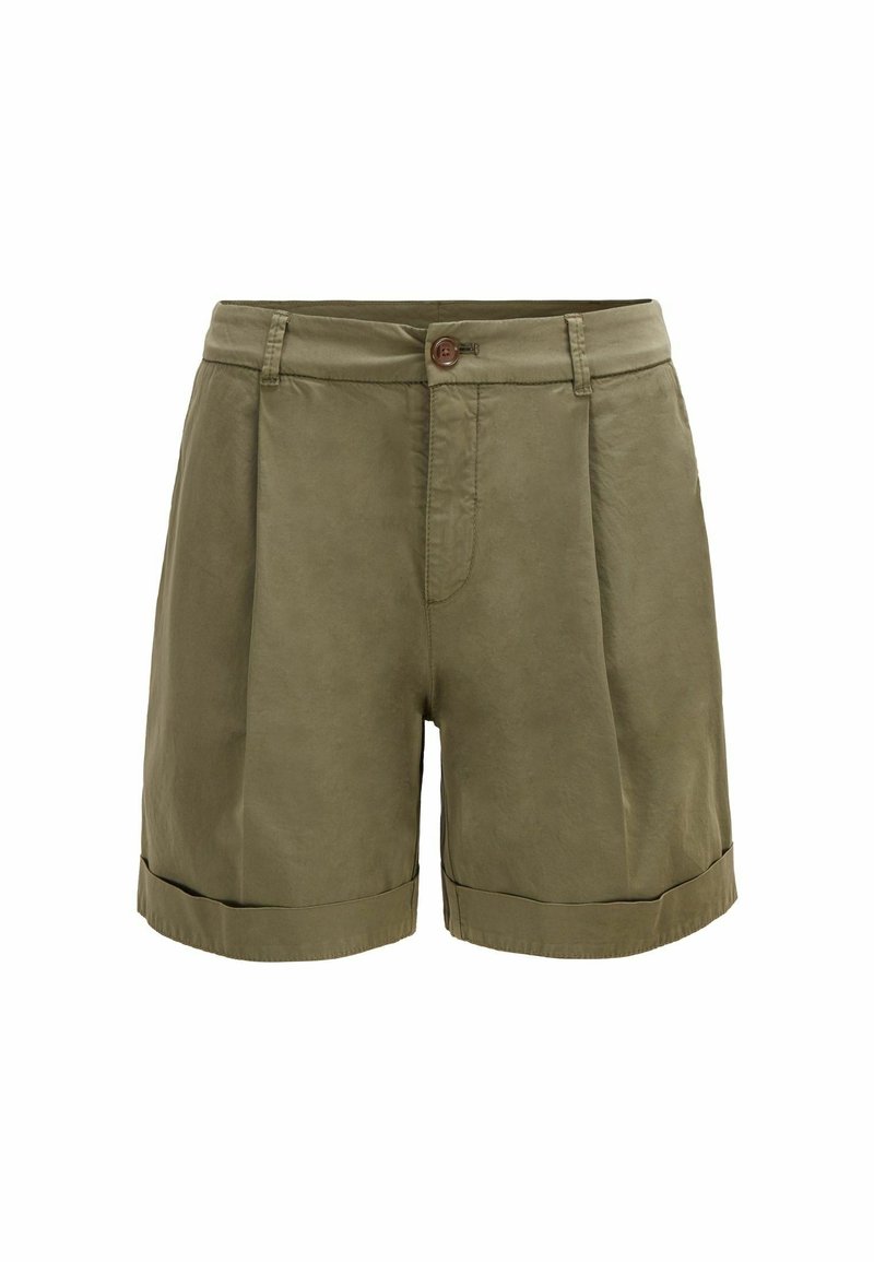 Pantaloni corti verde oliva realizzati in tessuto liscio, con chiusura frontale a bottone, pieghe e orli arrotolati. Design classico con tasche laterali.