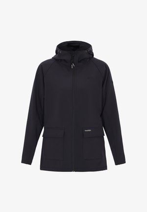 Fekete softshell kabát cipzáras elülső résszel, állítható kapucnival, két nagy első zsebbel és logó részlettel a bal zsebén.
