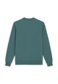 Teal sweatshirt med långa ärmar, ribbad mudd och fåll, tillverkad av mjukt bomullsblandat material. Slät yta, minimalistisk design, inga mönster.