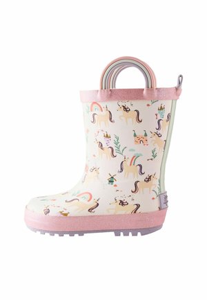 Botte de pluie enfant rose clair avec motifs licorne, arc-en-ciel et château et semelle texturée pour une bonne adhérence.