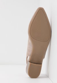 Chaussure à bride arrière avec bout pointu, semelle beige indiquant la taille 4½, reposant en biais contre un mur blanc et un sol blanc.