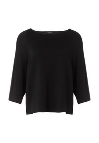 Schwarzes, kurz geschnittenes Pullover-Oberteil mit Dreiviertelärmeln, aus weichem Strickstoff gefertigt. Es hat einen weiten, abgerundeten Ausschnitt und ein minimalistisches Design.