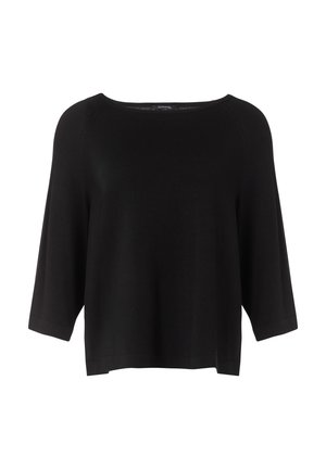 Czarny, krótki sweter z trzema ćwierć rękawami, wykonany z miękkiej dzianiny. Charakteryzuje się szerokim, zaokrąglonym dekoltem i minimalistycznym designem.