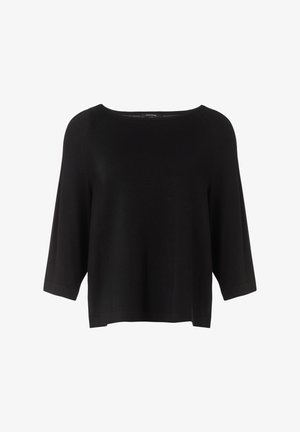 Czarny, krótki sweter z trzema ćwierć rękawami, wykonany z miękkiej dzianiny. Charakteryzuje się szerokim, zaokrąglonym dekoltem i minimalistycznym designem.