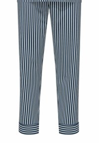 Pantalons cropped rayés en tissu lisse ; bleu marine avec des rayures verticales blanches ; doté d'un ourlet à revers et d'une coupe ajustée.