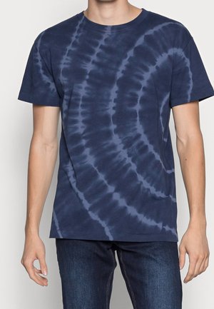 Navy blue cotton T-shirt featuring a spiral tie-dye pattern in lighter blue, crew neck, short sleeves, and relaxed fit.