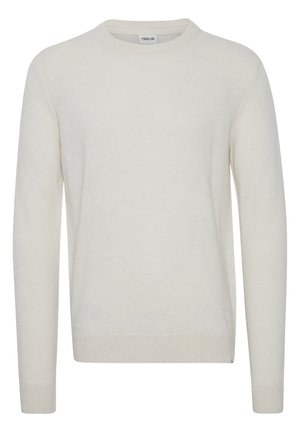Cremefarbener Pullover aus weichem Strickmaterial. Hat einen runden Halsausschnitt sowie lange Ärmel mit gerippten Bündchen und Saum.
