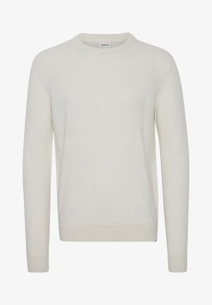 Cremefarbener Pullover aus weichem Strickmaterial. Hat einen runden Halsausschnitt sowie lange Ärmel mit gerippten Bündchen und Saum.