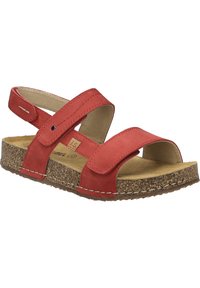 Rød lædersandal med to justerbare Velcro-stropper, en polstret fodseng og en struktureret korksål for godt greb. Letvægtig og åben design.