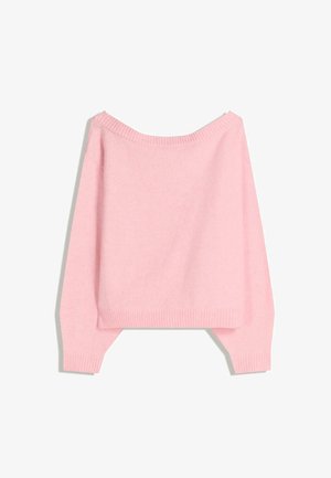 Maglione rosa, oversize, realizzato in materiale morbido, con scollatura e polsini a coste larghi, dalla vestibilità rilassata e orlo corto.
