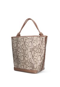 Borsa tote a motivo pitone in beige con base in pelle liscia e manici annodati. Presenta una forma strutturata con cerniere sui lati.