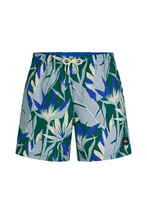 Herre badeshorts i grøn med blå og creme tropisk bladprint og hvid snor i taljen, O’Neill logo på venstre ben.