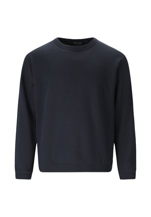 Marineblå langærmet sweatshirt lavet af blødt stof, med rund halsudskæring og ribbede manchetter og kant. Enkel, udekoreret design.