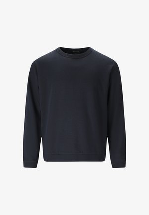 Tummansininen pitkähihaisessa collegepaidassa on pehmeä kangas, jossa on pyöreä kaula-aukko sekä ribbineulokset hihansuissa ja helmassa. Yksinkertainen, koristeluton muotoilu.