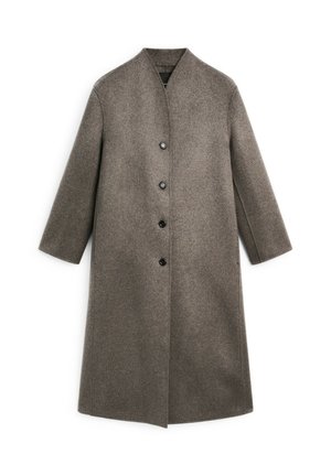 Long, brown wool coat with a high neckline, straight cut, and four black buttons on the front. Smooth texture, no visible patterns or accents.