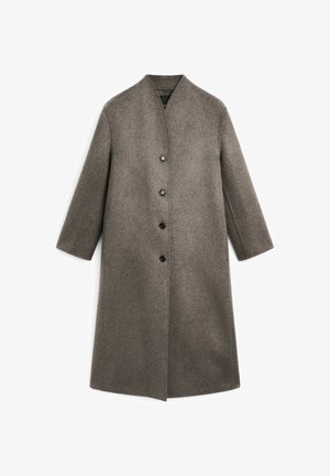 Long, brown wool coat with a high neckline, straight cut, and four black buttons on the front. Smooth texture, no visible patterns or accents.