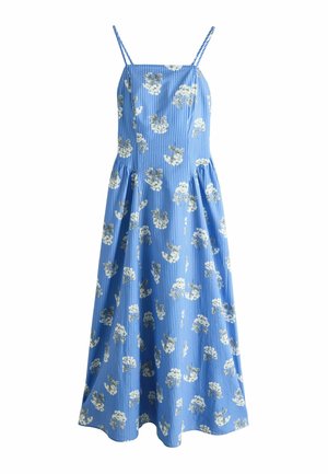 Blaues ärmelloses Midikleid mit dünnen Trägern, weißem Blumenmuster, vertikalen Streifen und ausgestelltem Rock.