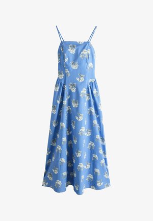 Kék ujjatlan midi ruha vékony pántokkal, fehér virágmintával, függőleges csíkokkal és bővülő szoknyával.