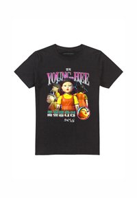 Black cotton t-shirt featuring a graphic print of the character Young-Hee and colorful text, highlighting a playful design and bold colors.
