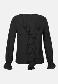 Schwarze Bluse mit langen Ärmeln, V-Ausschnitt und strukturiertem Stoff. Verfügt über fallende Rüschen auf der Front und ausladende Manschetten an den Ärmeln.