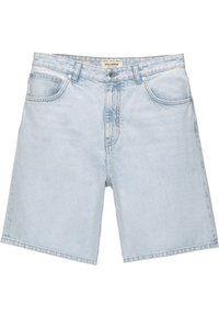 Vaaleansiniset farkkushortsit suoralinjaisella leikkauksella, joissa on viisi taskua, edessä nappisuljenta ja hieno haalistus kankaassa.