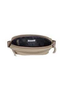Borsa crossbody beige con due scomparti con zip, texture liscia, cinturino regolabile e fodera interna scura con etichetta del marchio.