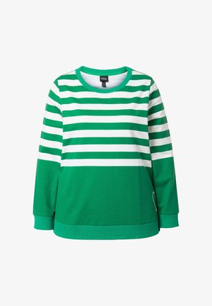 Sudadera a rayas verdes y blancas con cuello redondo y mangas largas. Presenta una sección inferior verde sólida y un pequeño detalle de logo.