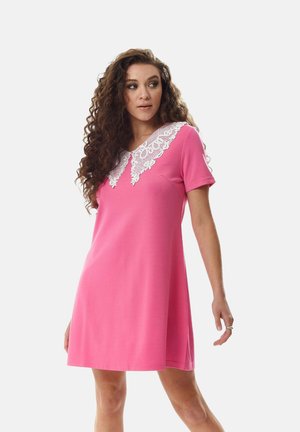 Short pink dress with short sleeves, featuring a lace detailed collar. Smooth fabric with a relaxed fit and knee-length design.