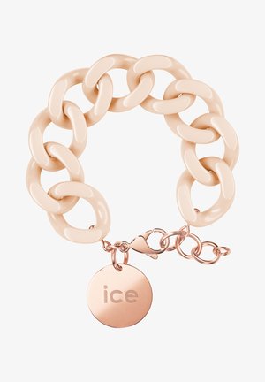 Chunky cream-colored bracelet made of polished links. Features a rose gold clasp and tag with the word "ice" engraved on it.