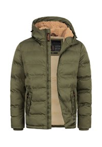 Olive green puffer jacket with a hood, featuring a beige faux fur lining and zippered side pockets. Made from smooth, quilted fabric.
