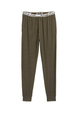 Olivově zelené kalhoty volného střihu s elastickým pasem a bílým logem "TOM TAILOR", zakončené manžetami na kotnících. Měkká textura látky.