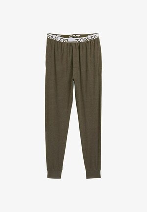 Olivengrønne bukser med afslappet pasform, elastisk talje med hvid "TOM TAILOR" logo og manchetter ved anklerne. Blød stoftekstur.