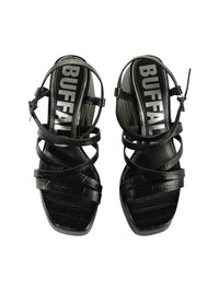 Black strappy sandals with a square toe, crocodile texture, and ankle buckle. The insole features the brand "BUFFALO" in white lettering.