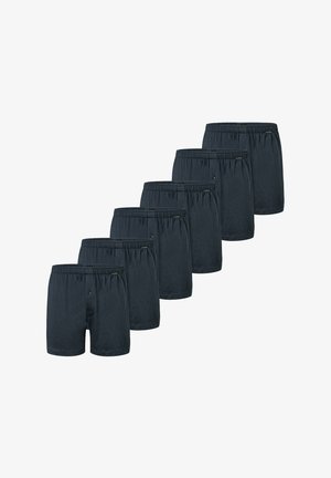 Pakke med syv mørkegrå bomuldsboxershorts. Hver med elastisk talje og knaplukning foran. Glat tekstur, enkelt design.