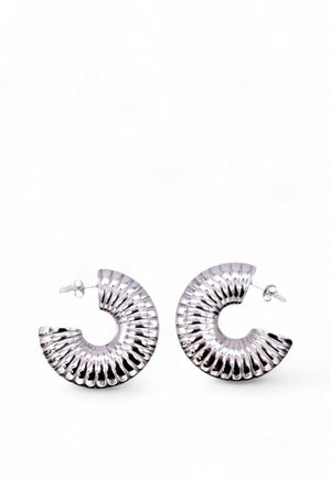 Orecchini a spirale in argento con un design rigato, forma circolare e chiusure a perno in metallo. La superficie riflettente esalta i dettagli visivi.